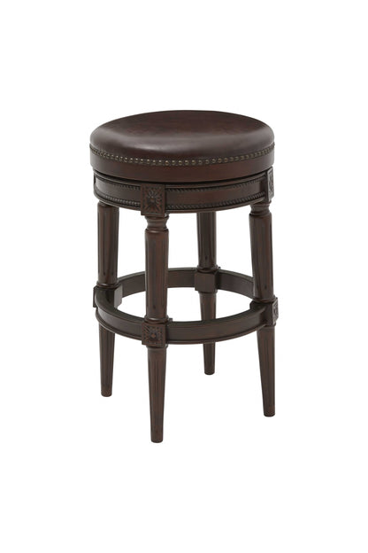 Brown Faux Leather & Solid Wood Backless Counter Height Swivel Bar Chair
