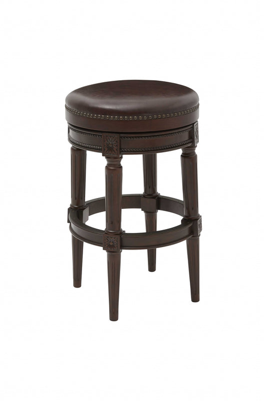 Brown Faux Leather & Solid Wood Backless Counter Height Swivel Bar Chair