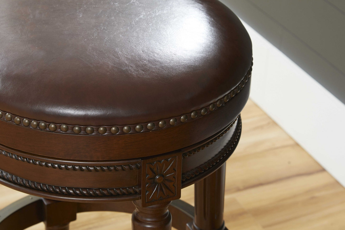 Brown Faux Leather & Solid Wood Backless Counter Height Swivel Bar Chair