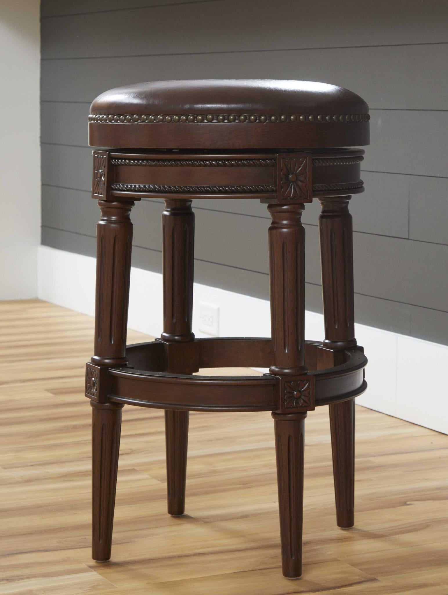 Brown Faux Leather & Solid Wood Backless Counter Height Swivel Bar Chair