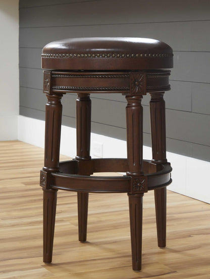 Brown Faux Leather & Solid Wood Backless Counter Height Swivel Bar Chair