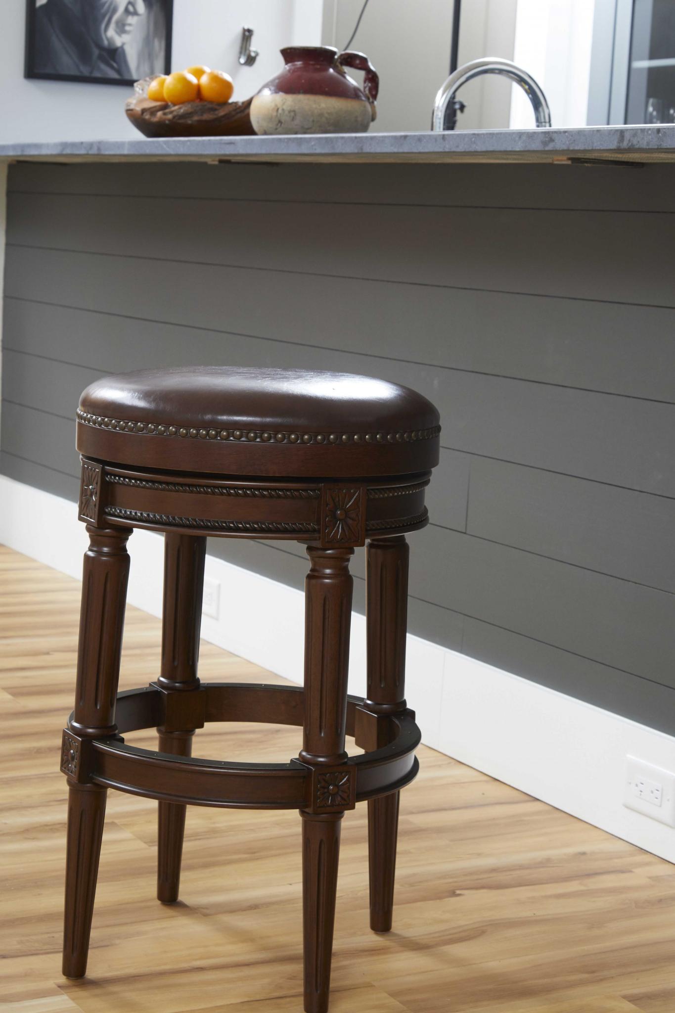 Brown Faux Leather & Solid Wood Backless Counter Height Swivel Bar Chair