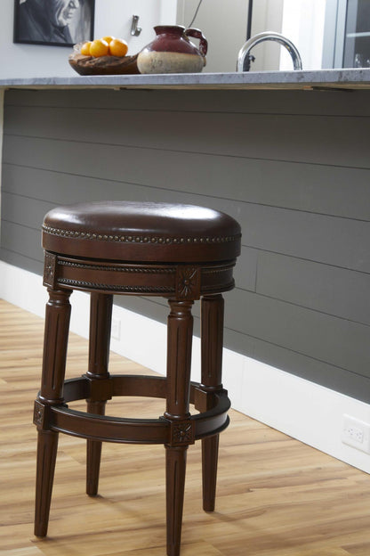 Brown Faux Leather & Solid Wood Backless Counter Height Swivel Bar Chair