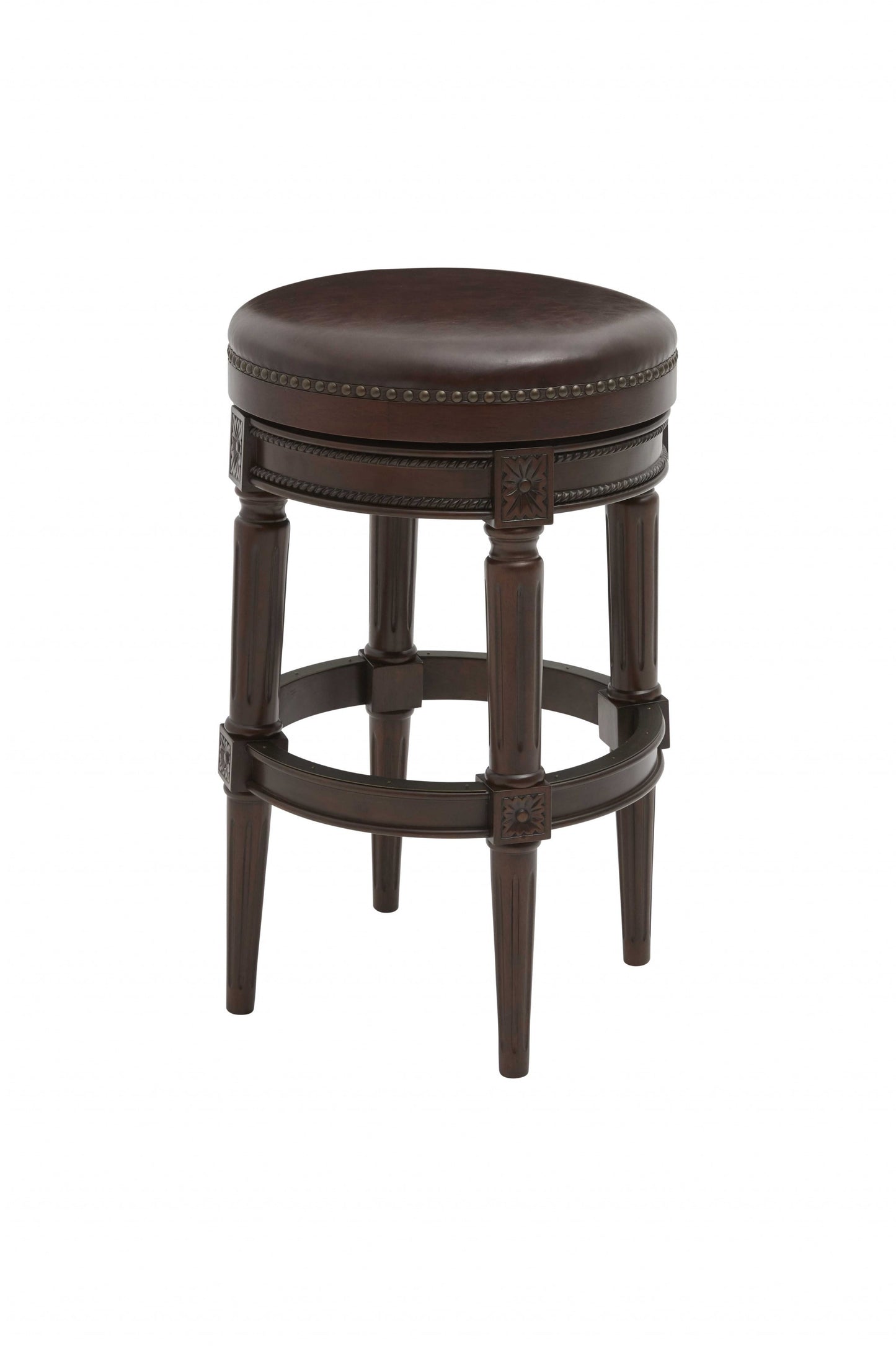 Brown Faux Leather & Solid Wood Backless Counter Height Swivel Bar Chair
