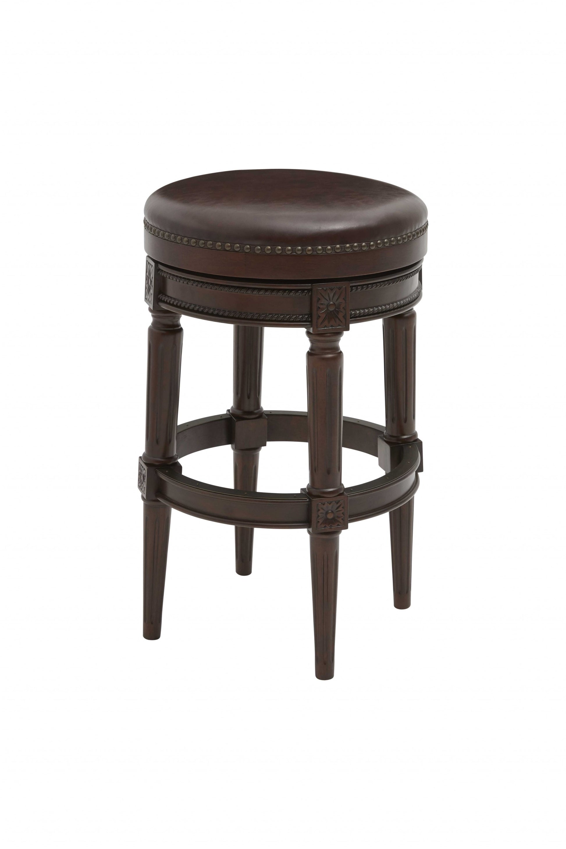 Brown Faux Leather & Solid Wood Backless Counter Height Swivel Bar Chair