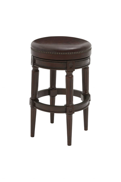 Brown Faux Leather & Solid Wood Backless Counter Height Swivel Bar Chair