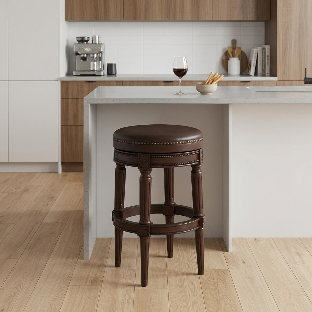 Brown Faux Leather & Solid Wood Backless Counter Height Swivel Bar Chair