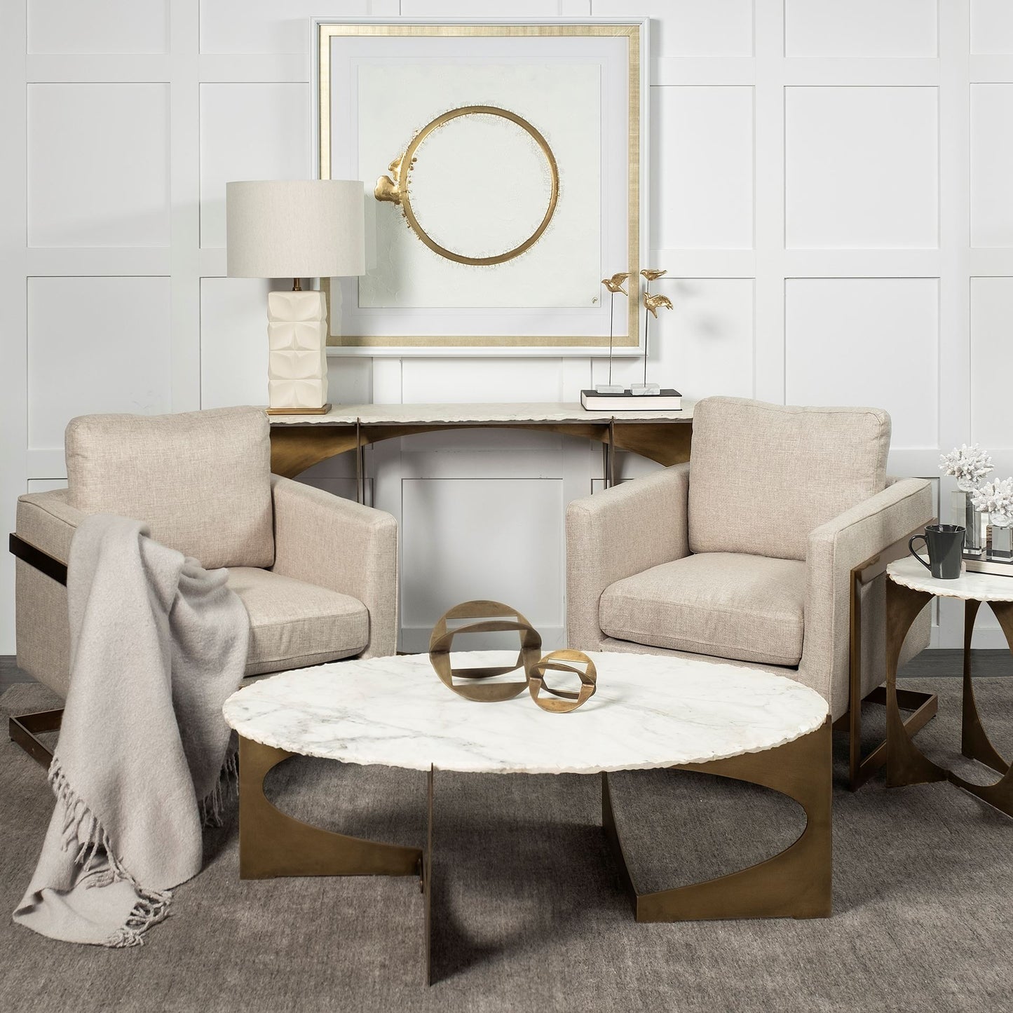 White & Gold Genuine Marble & Metal Console Table