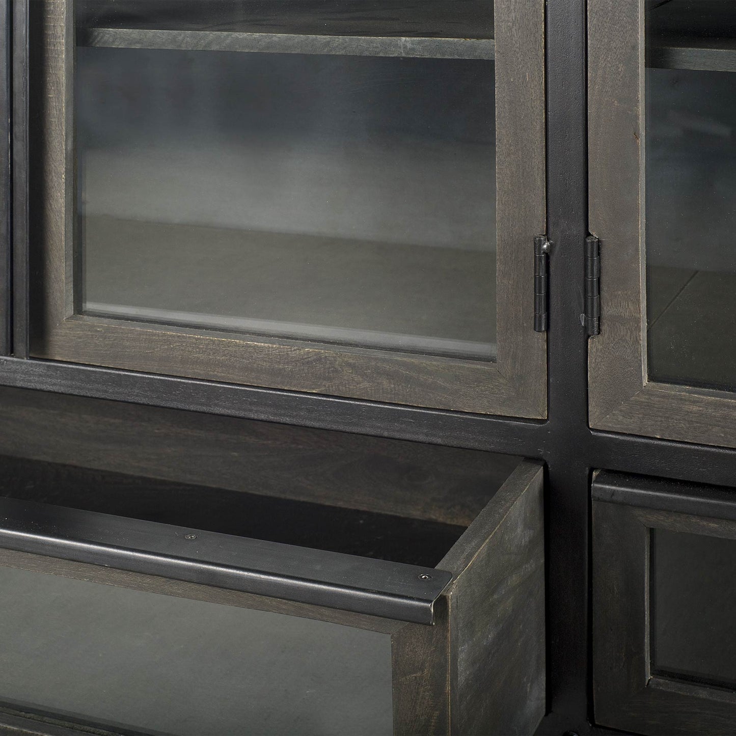Dark Brown Iron 2 Drawer Sideboard w/ 4 Glass Doors
