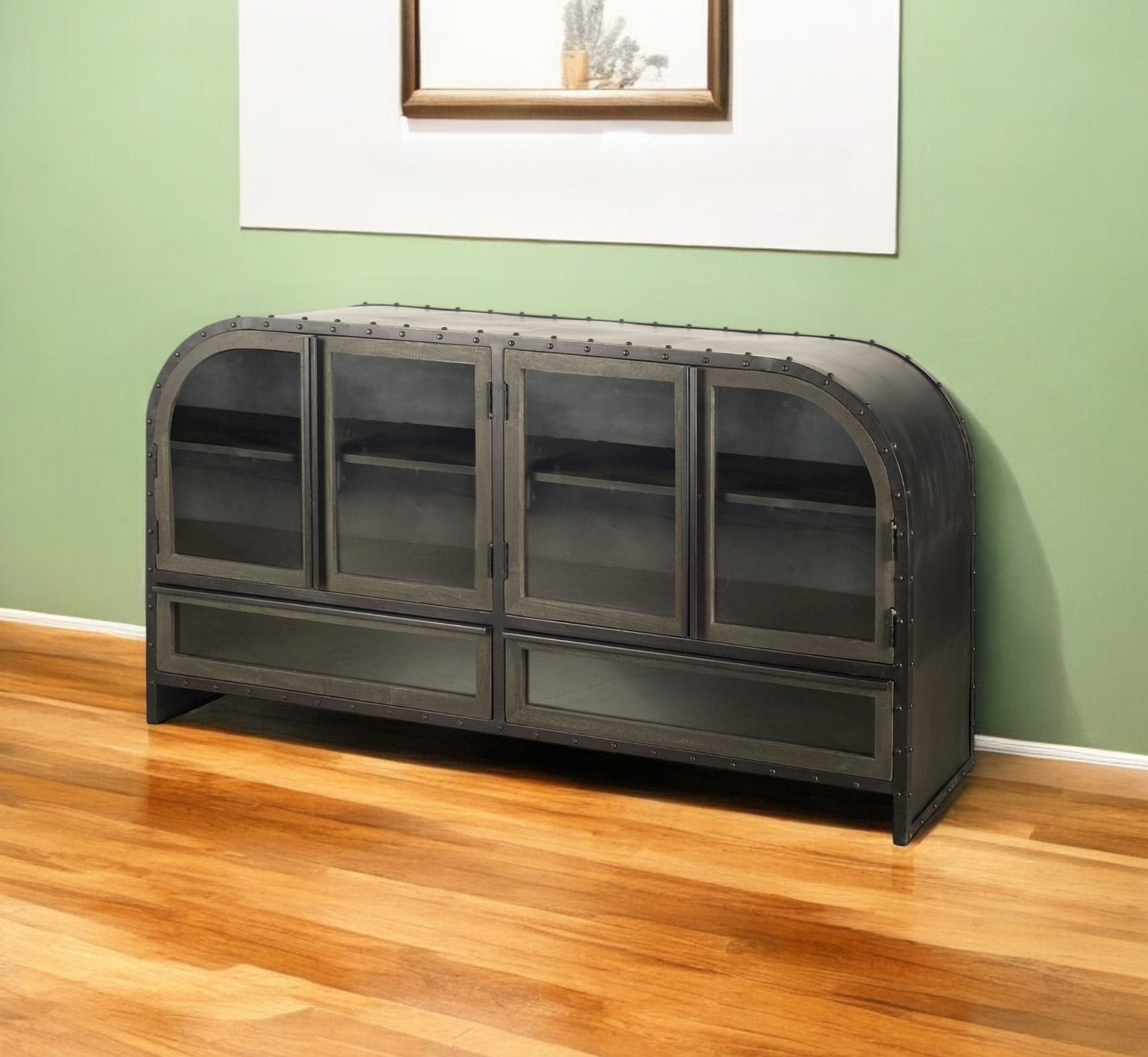 Dark Brown Iron 2 Drawer Sideboard w/ 4 Glass Doors