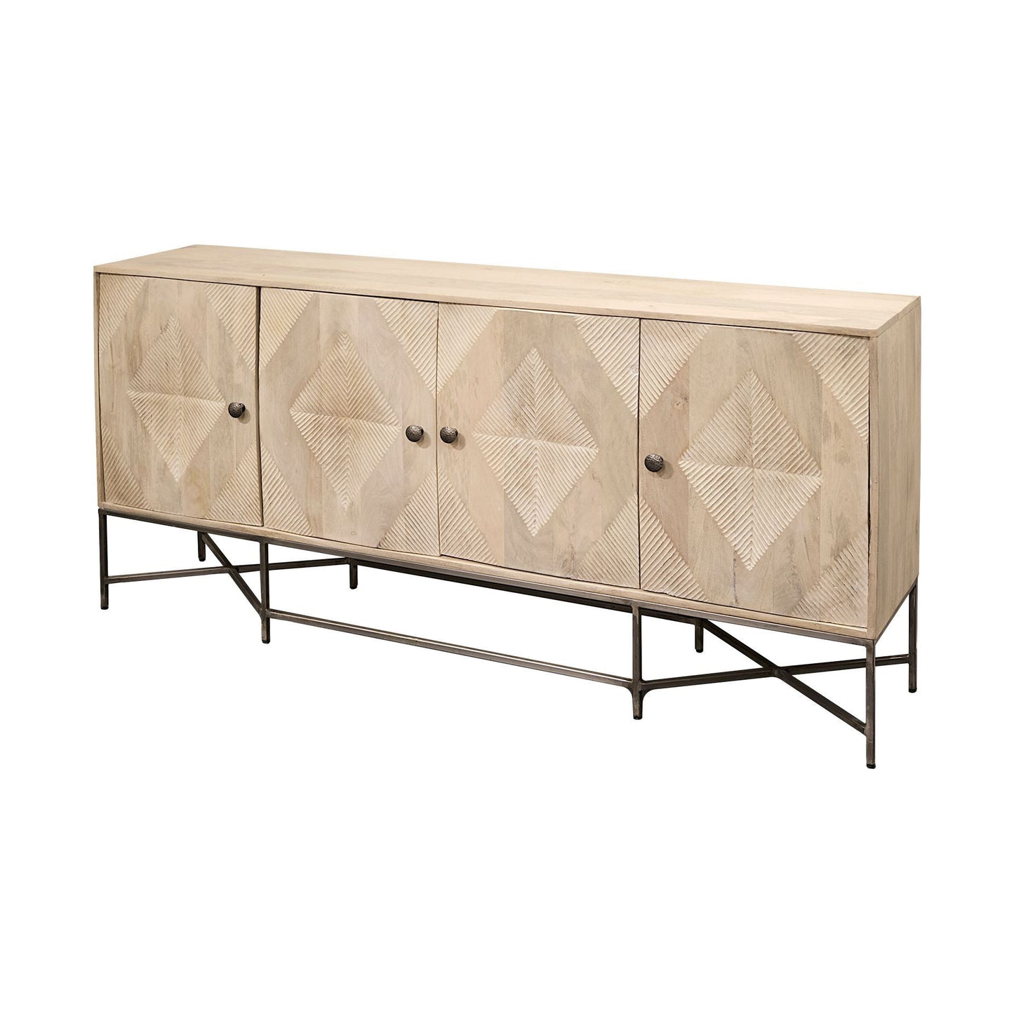 Light Brown Solid Mango Wood Sideboard w/ 4 Cabinet Doors