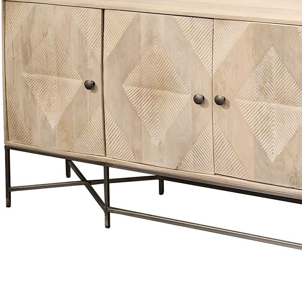 Light Brown Solid Mango Wood Sideboard w/ 4 Cabinet Doors