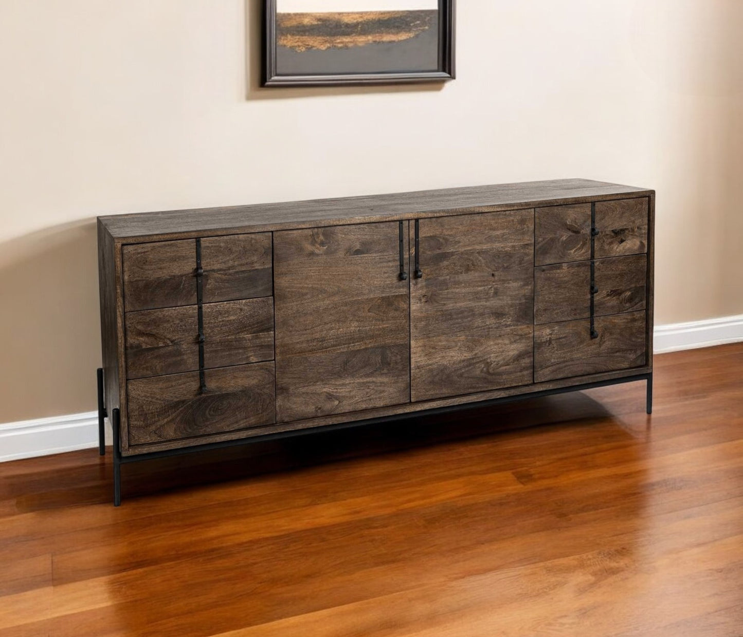 Brown Solid Wood 6 Drawer Sideboard w/ 2 Doors