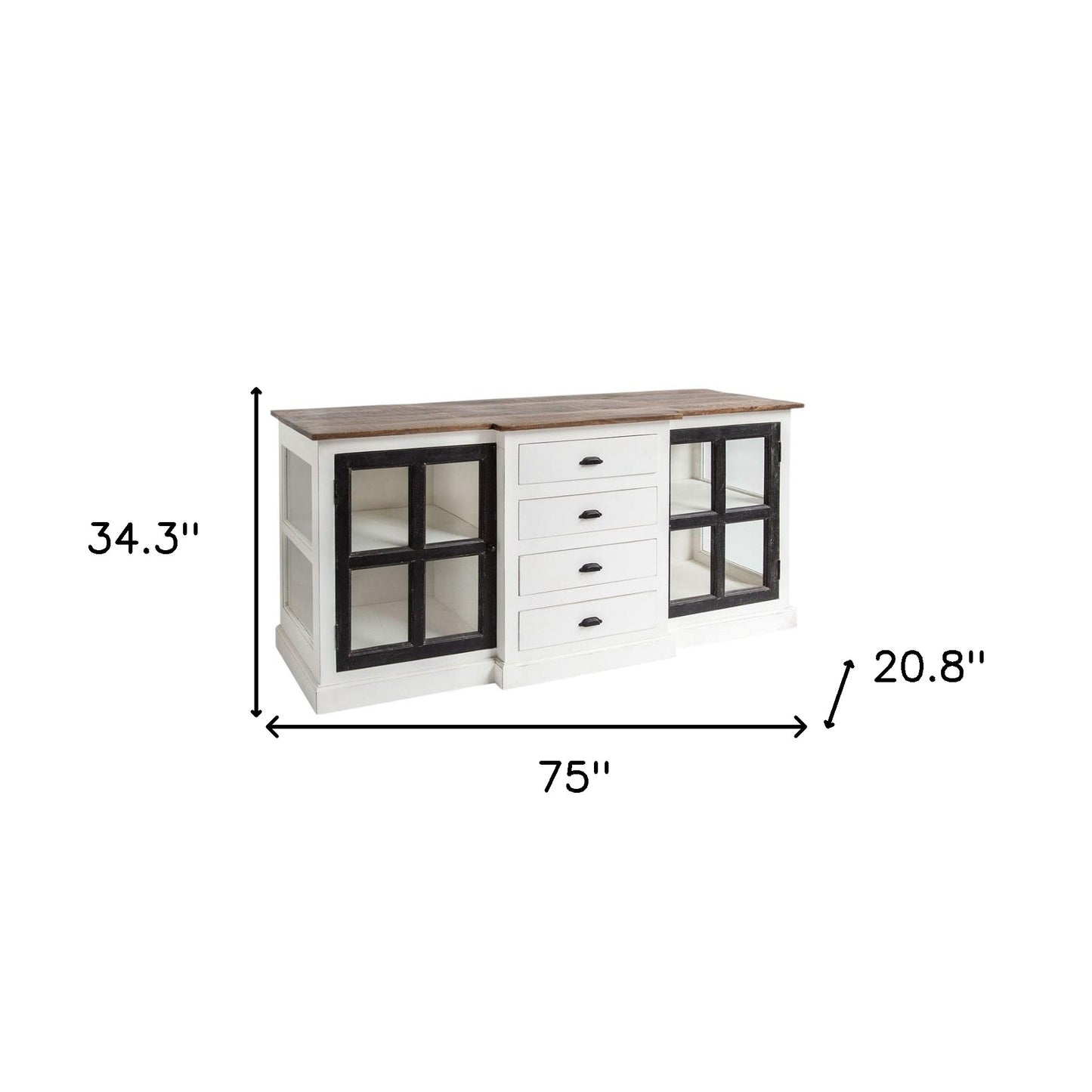 Brown & White Solid Wood 4 Drawer Sideboard w/ 2 Glass Doors