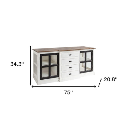 Brown & White Solid Wood 4 Drawer Sideboard w/ 2 Glass Doors