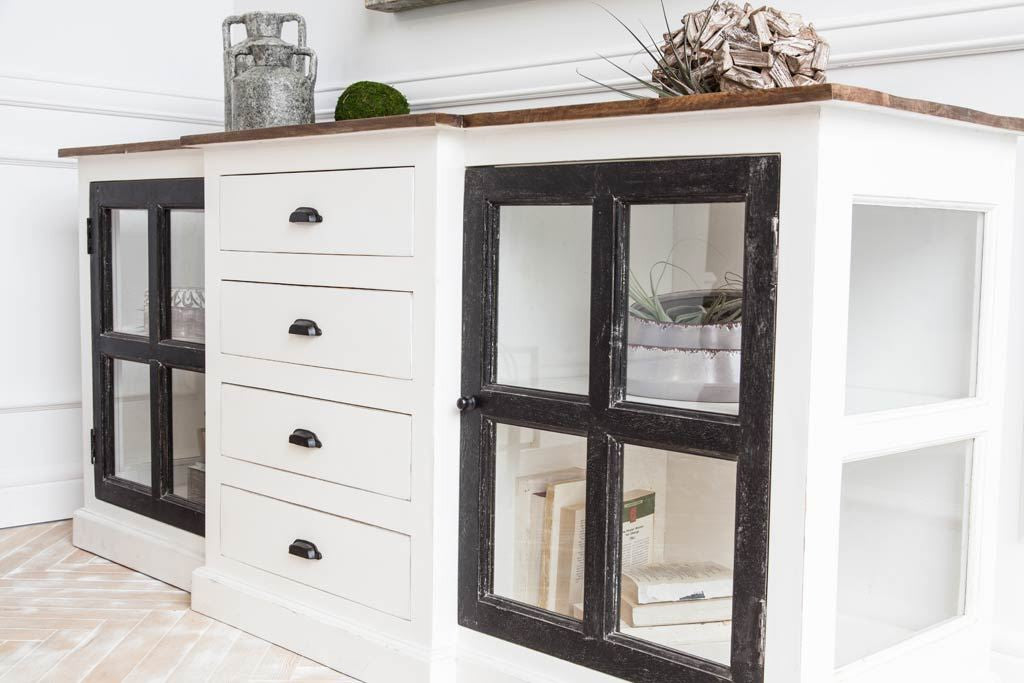 Brown & White Solid Wood 4 Drawer Sideboard w/ 2 Glass Doors