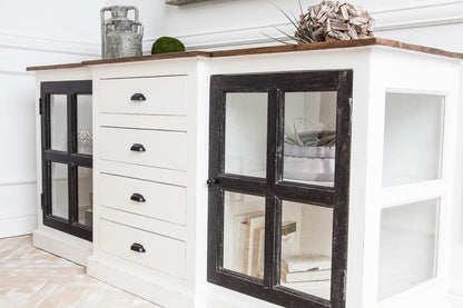 Brown & White Solid Wood 4 Drawer Sideboard w/ 2 Glass Doors