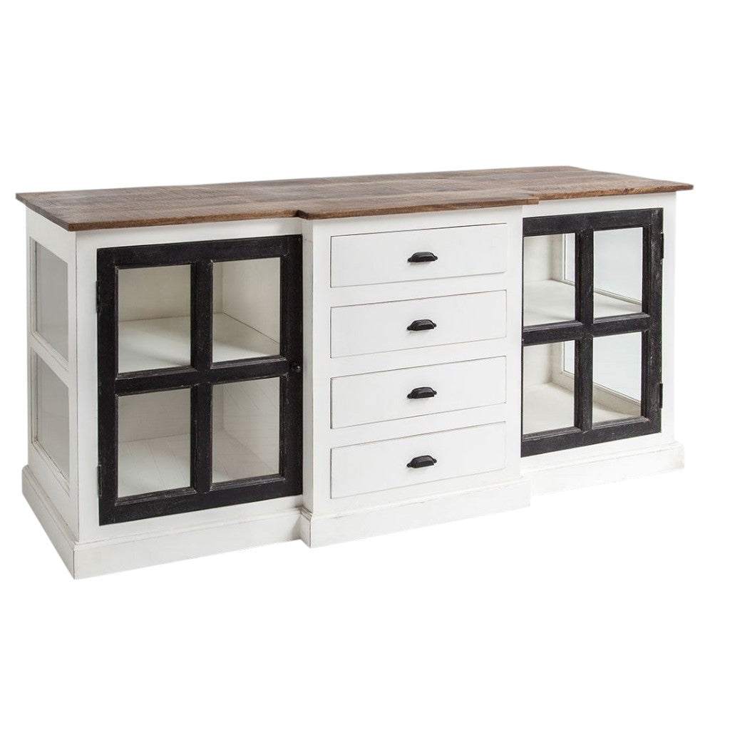 Brown & White Solid Wood 4 Drawer Sideboard w/ 2 Glass Doors