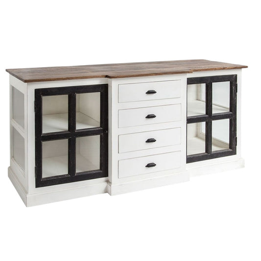 Brown & White Solid Wood 4 Drawer Sideboard w/ 2 Glass Doors