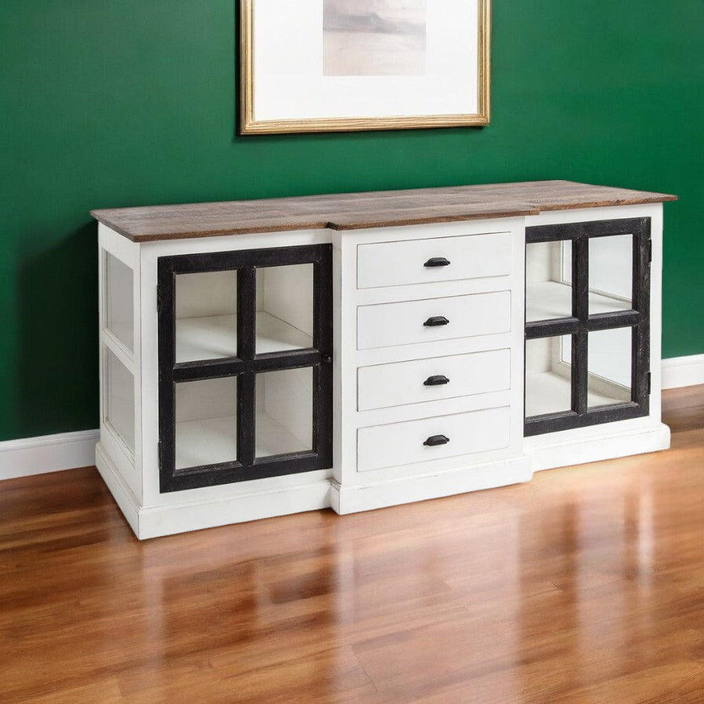 Brown & White Solid Wood 4 Drawer Sideboard w/ 2 Glass Doors