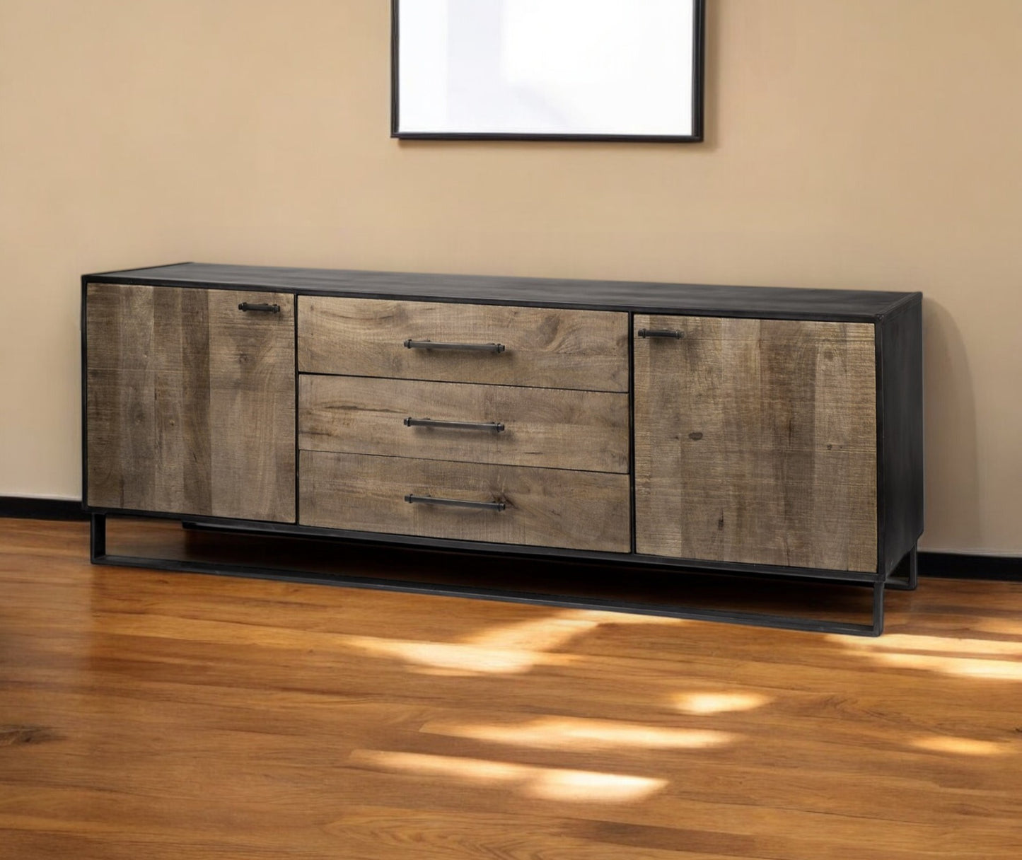 Brown & Black Solid Wood 3 Drawer Sideboard w/ 2 Doors
