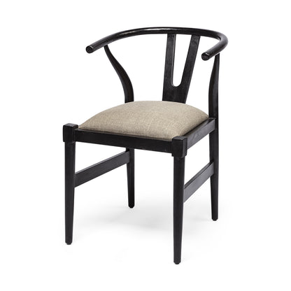 Beige & Black Linen Wishbone Back Dining Chair
