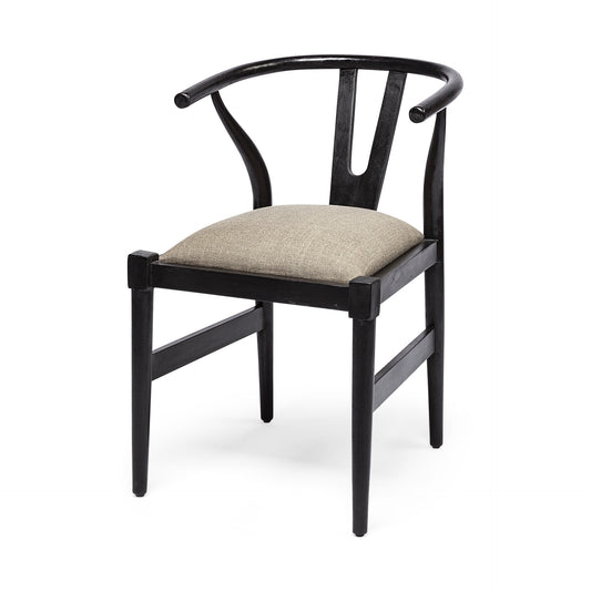 Beige & Black Linen Wishbone Back Dining Chair