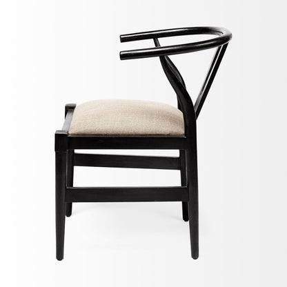 Beige & Black Linen Wishbone Back Dining Chair
