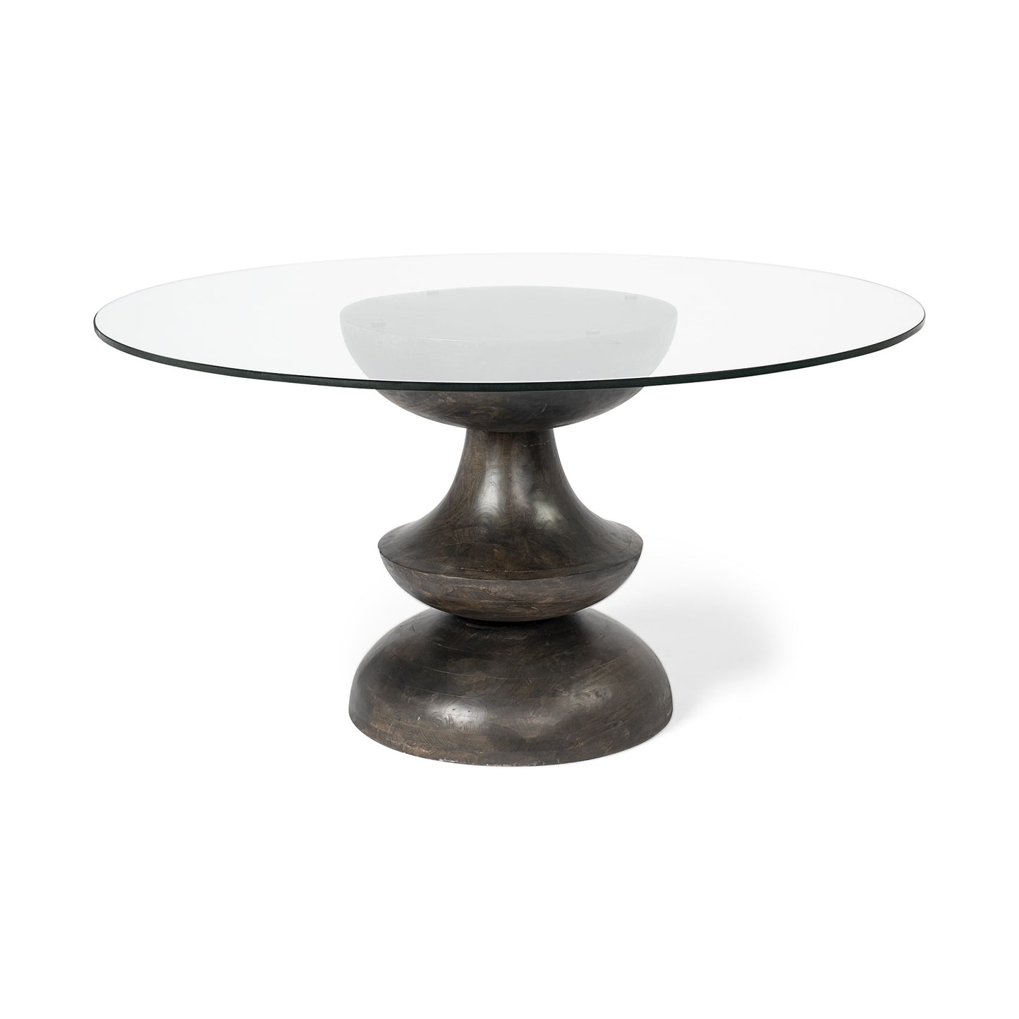 Clear And Brown Rounded Glass And Solid Manufactured Wood Pedestal Base Dining Table