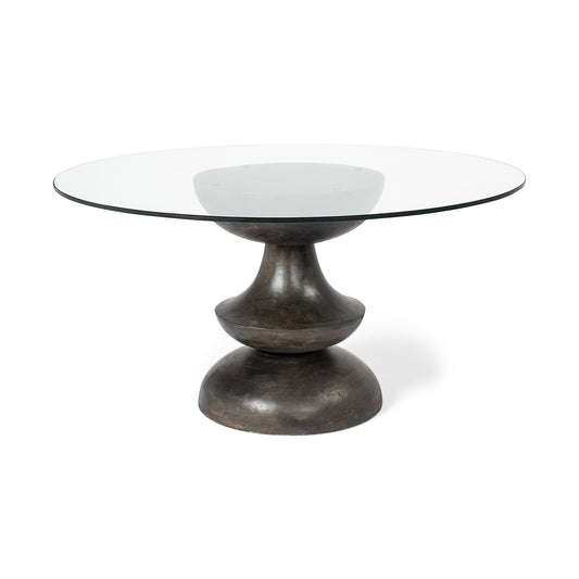 Clear And Brown Rounded Glass And Solid Manufactured Wood Pedestal Base Dining Table