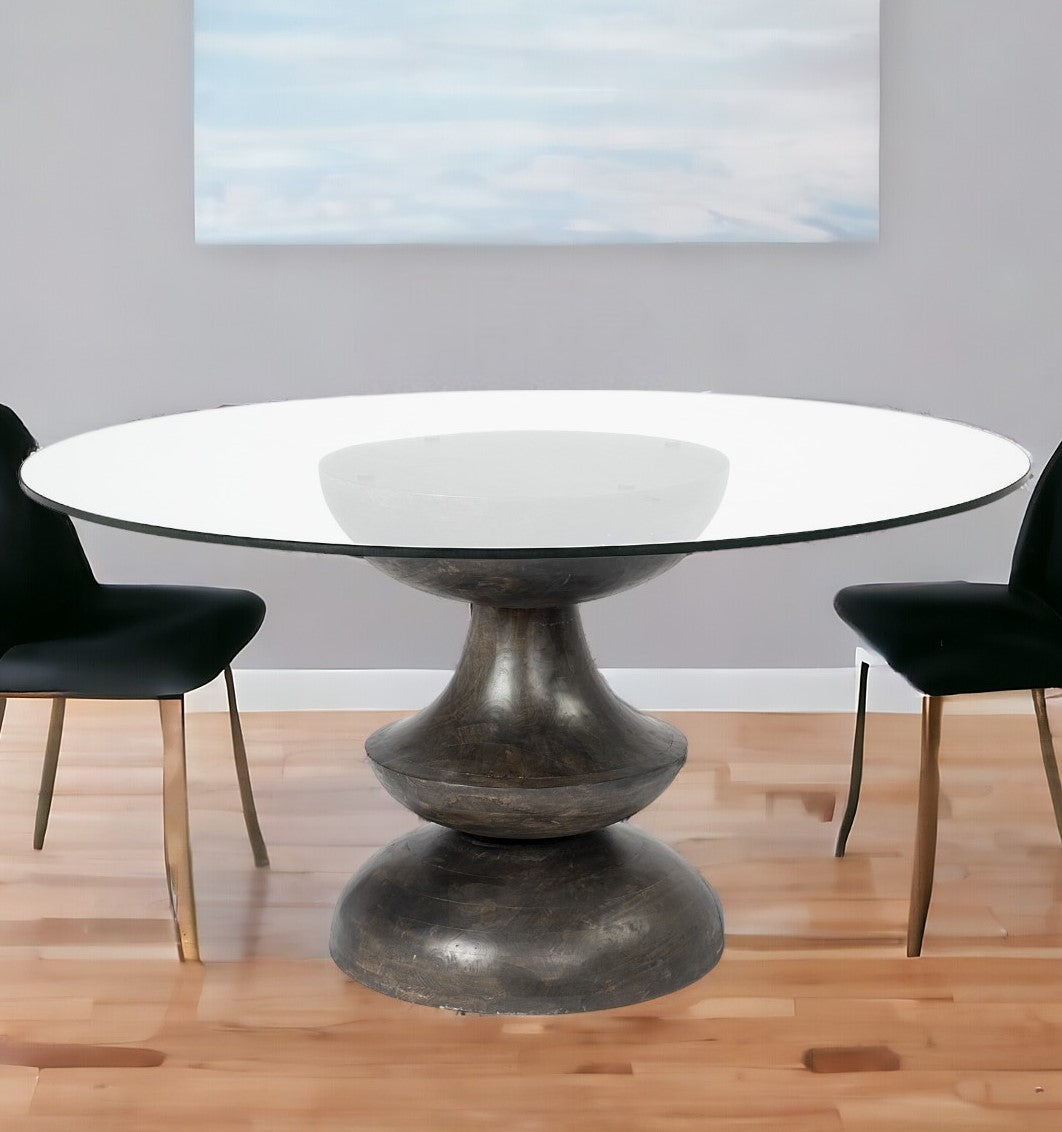 Clear And Brown Rounded Glass And Solid Manufactured Wood Pedestal Base Dining Table