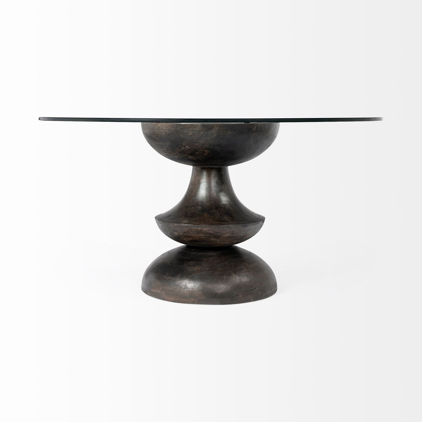 Clear And Brown Rounded Glass And Solid Manufactured Wood Pedestal Base Dining Table
