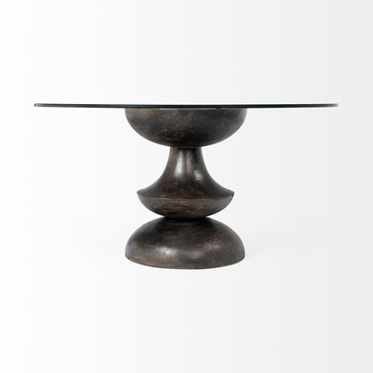 Clear And Brown Rounded Glass And Solid Manufactured Wood Pedestal Base Dining Table