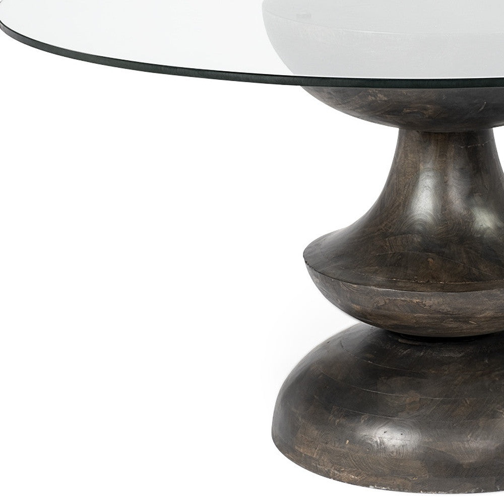 Clear And Brown Rounded Glass And Solid Manufactured Wood Pedestal Base Dining Table