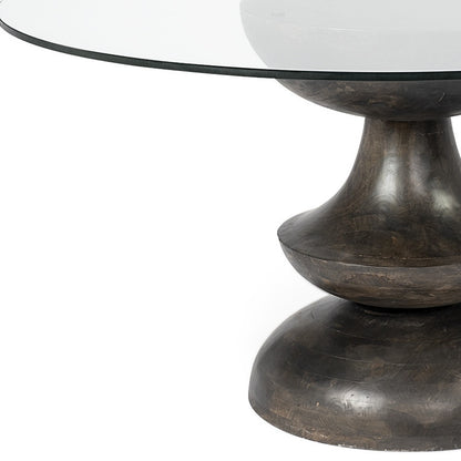 Clear And Brown Rounded Glass And Solid Manufactured Wood Pedestal Base Dining Table
