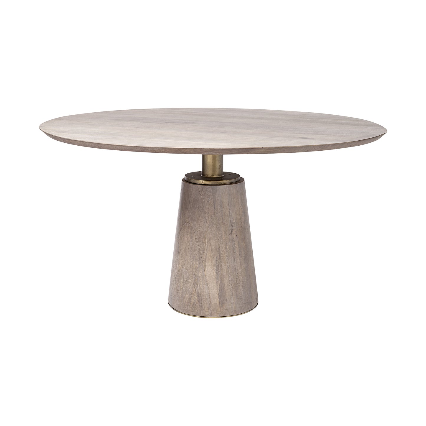 Brown And Gold Rounded Solid Wood And Metal Pedestal Base Dining Table