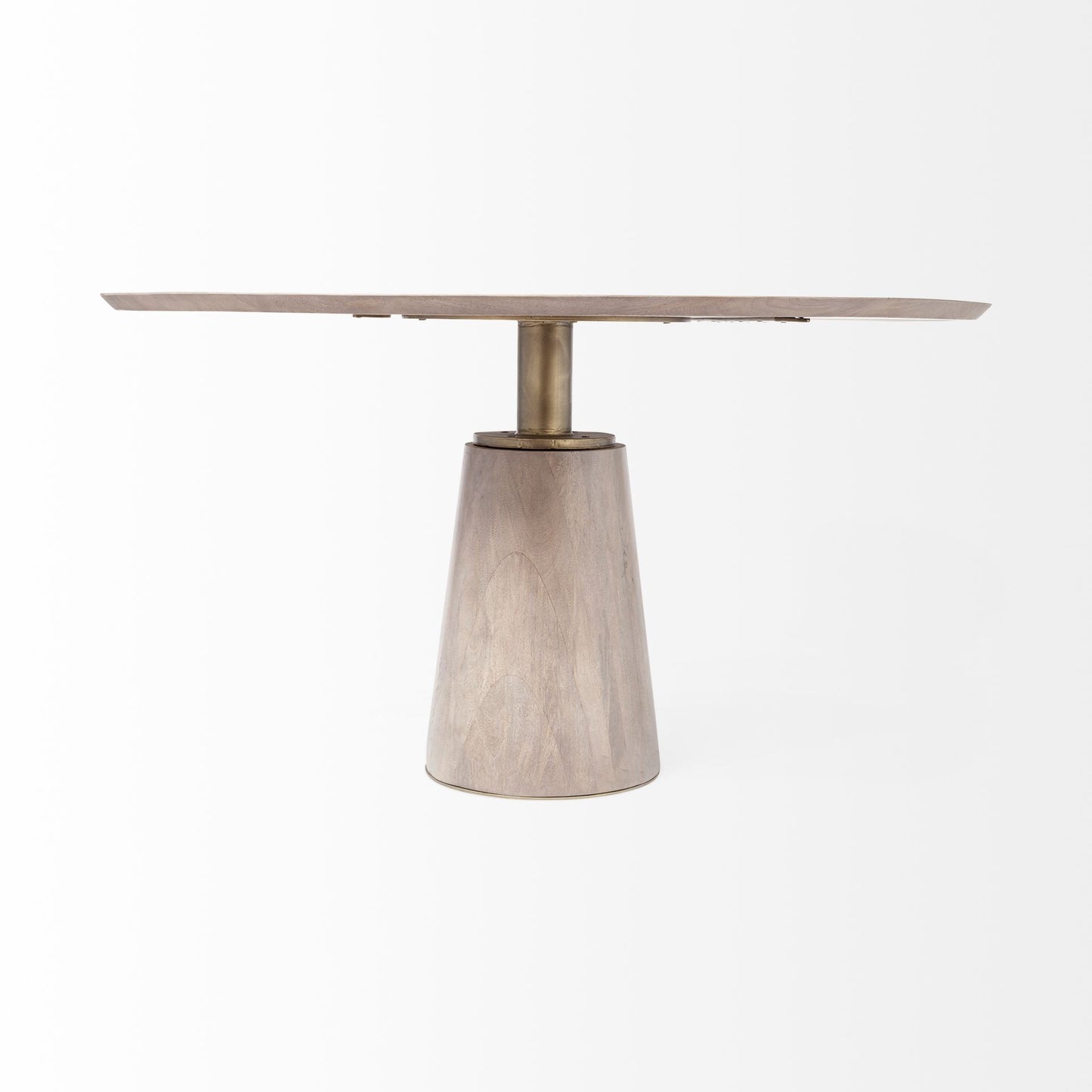 Brown And Gold Rounded Solid Wood And Metal Pedestal Base Dining Table