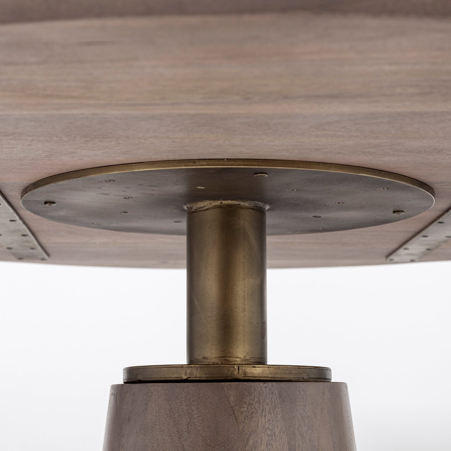 Brown And Gold Rounded Solid Wood And Metal Pedestal Base Dining Table