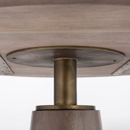 Brown And Gold Rounded Solid Wood And Metal Pedestal Base Dining Table