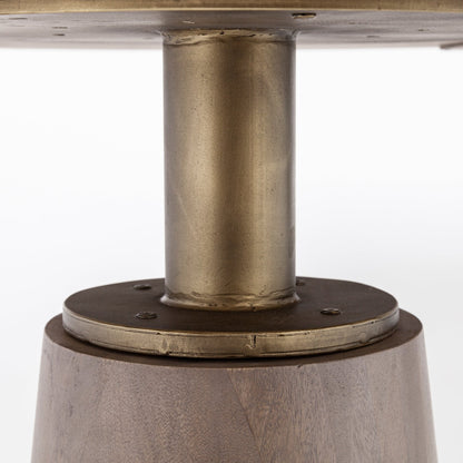 Brown And Gold Rounded Solid Wood And Metal Pedestal Base Dining Table