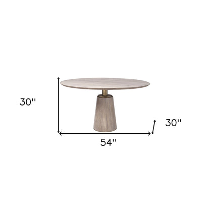 Brown And Gold Rounded Solid Wood And Metal Pedestal Base Dining Table