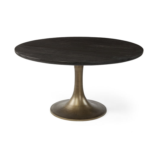 Black And Brass Rounded Solid Wood And Metal Pedestal Base Dining Table