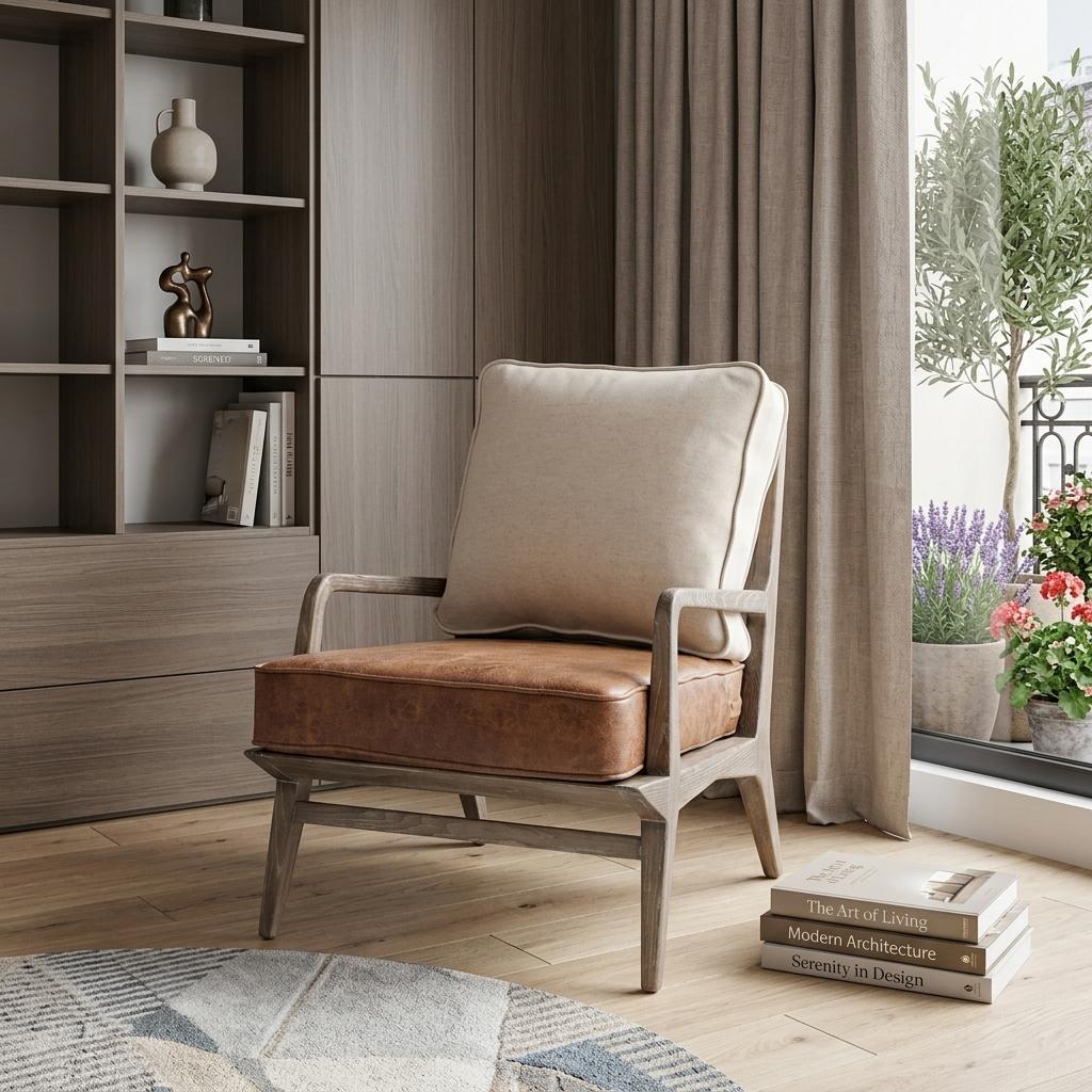 Beige & Brown Leather Arm Chair