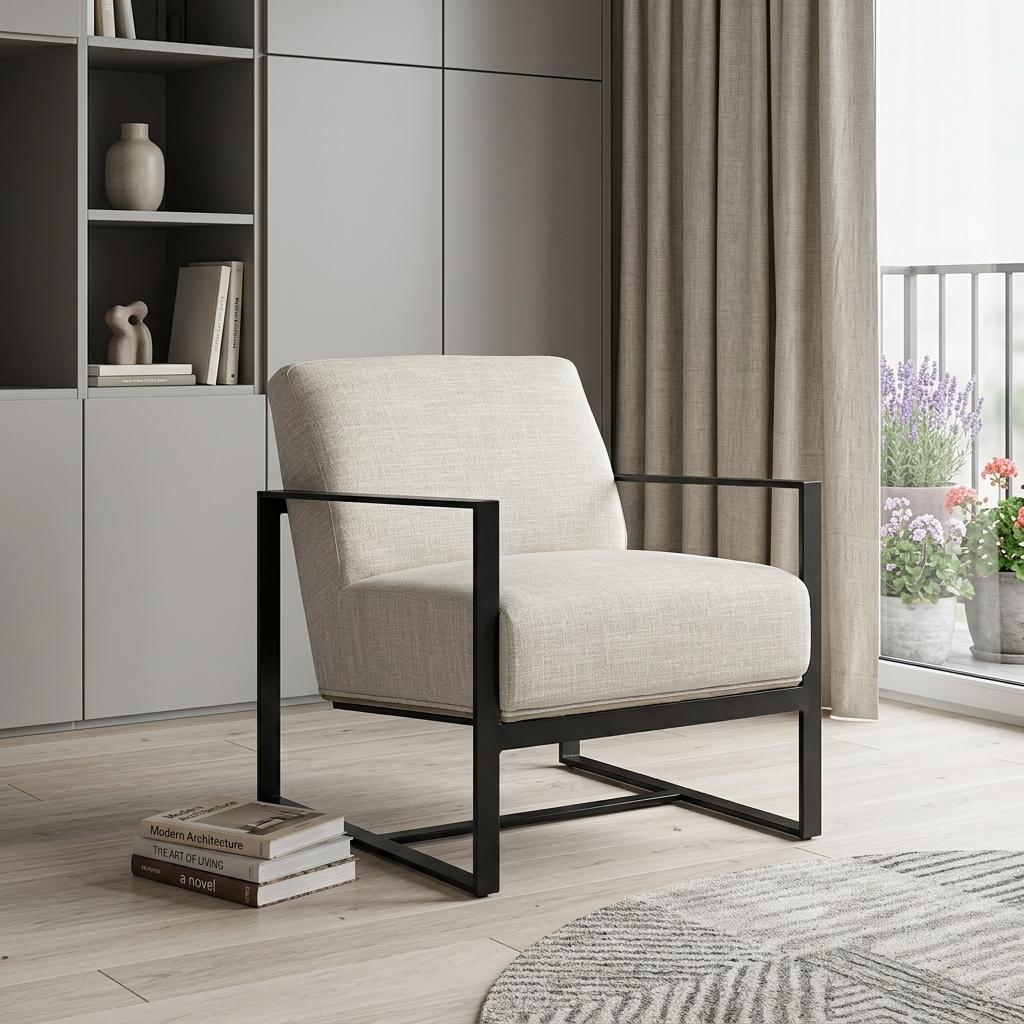 Cream & Black Fabric Arm Chair