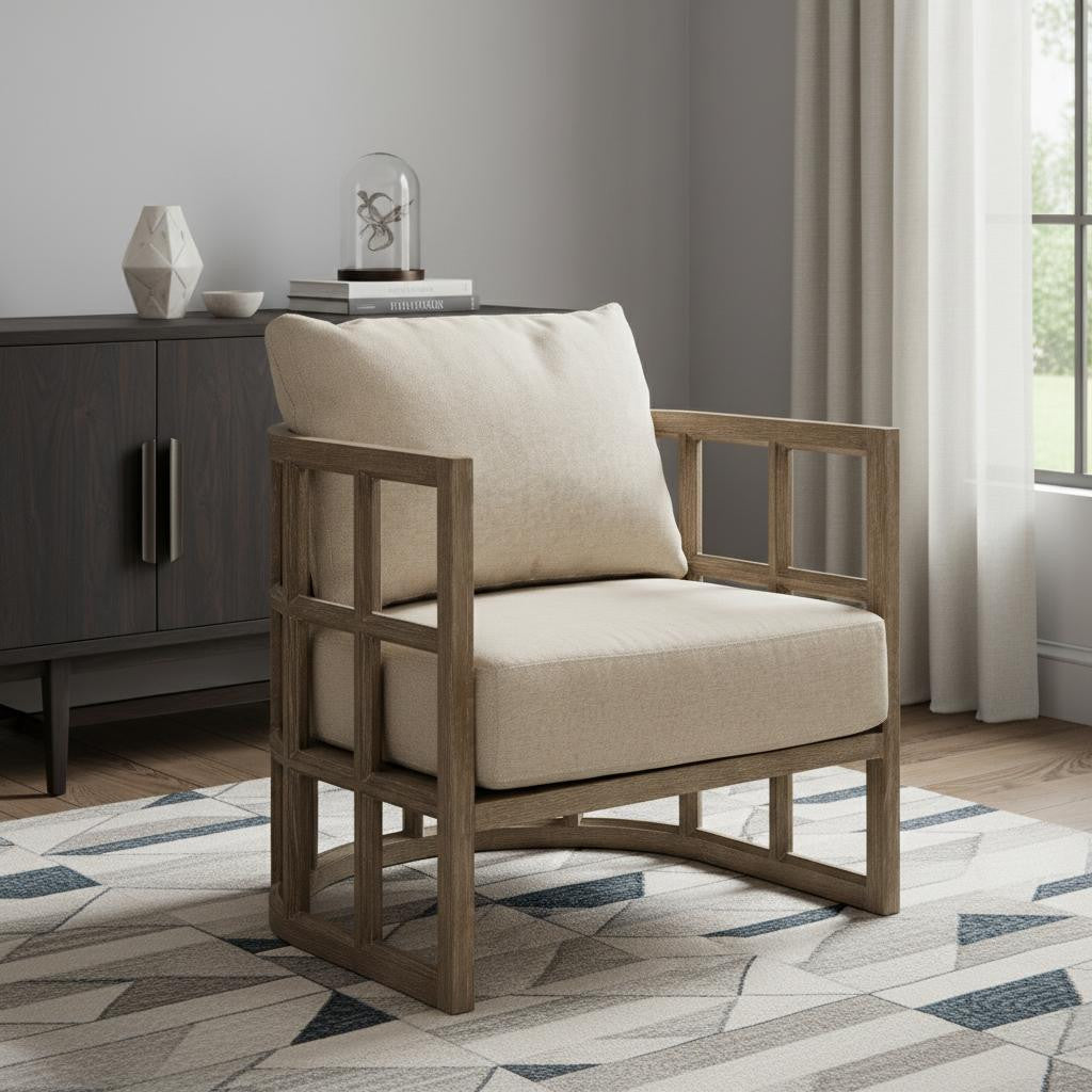 Cream & Brown Fabric Arm Chair