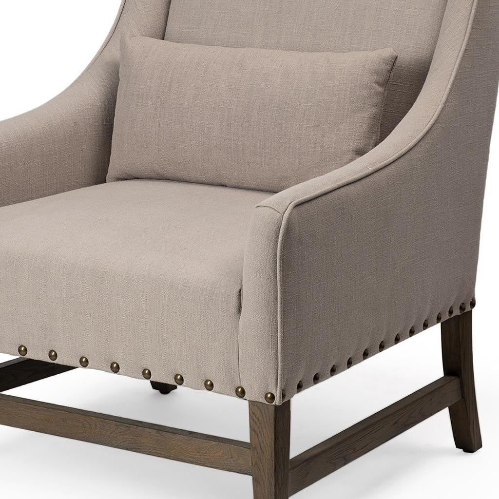 Gray & Beige Fabric & Solid Wood Wingback Chair