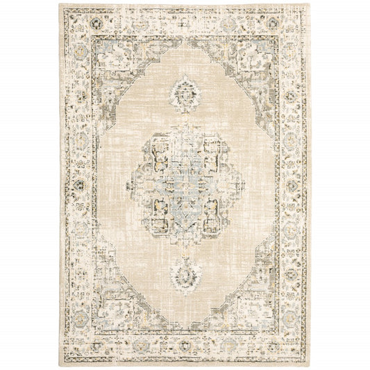 7 x 9 Beige & Ivory Center Jewel Rug