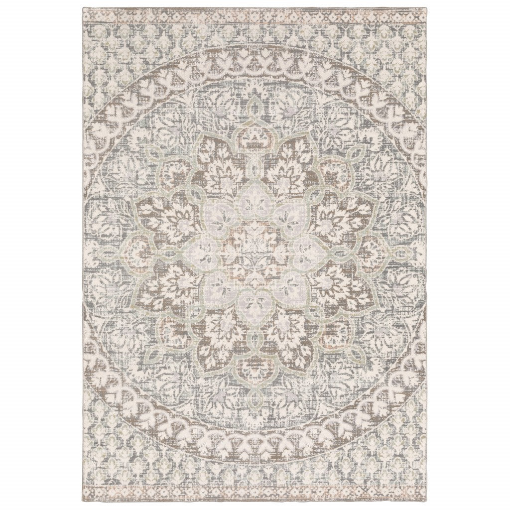 9 x 12 Ivory Grey Distresed Oversize Medallion Indoor Rug