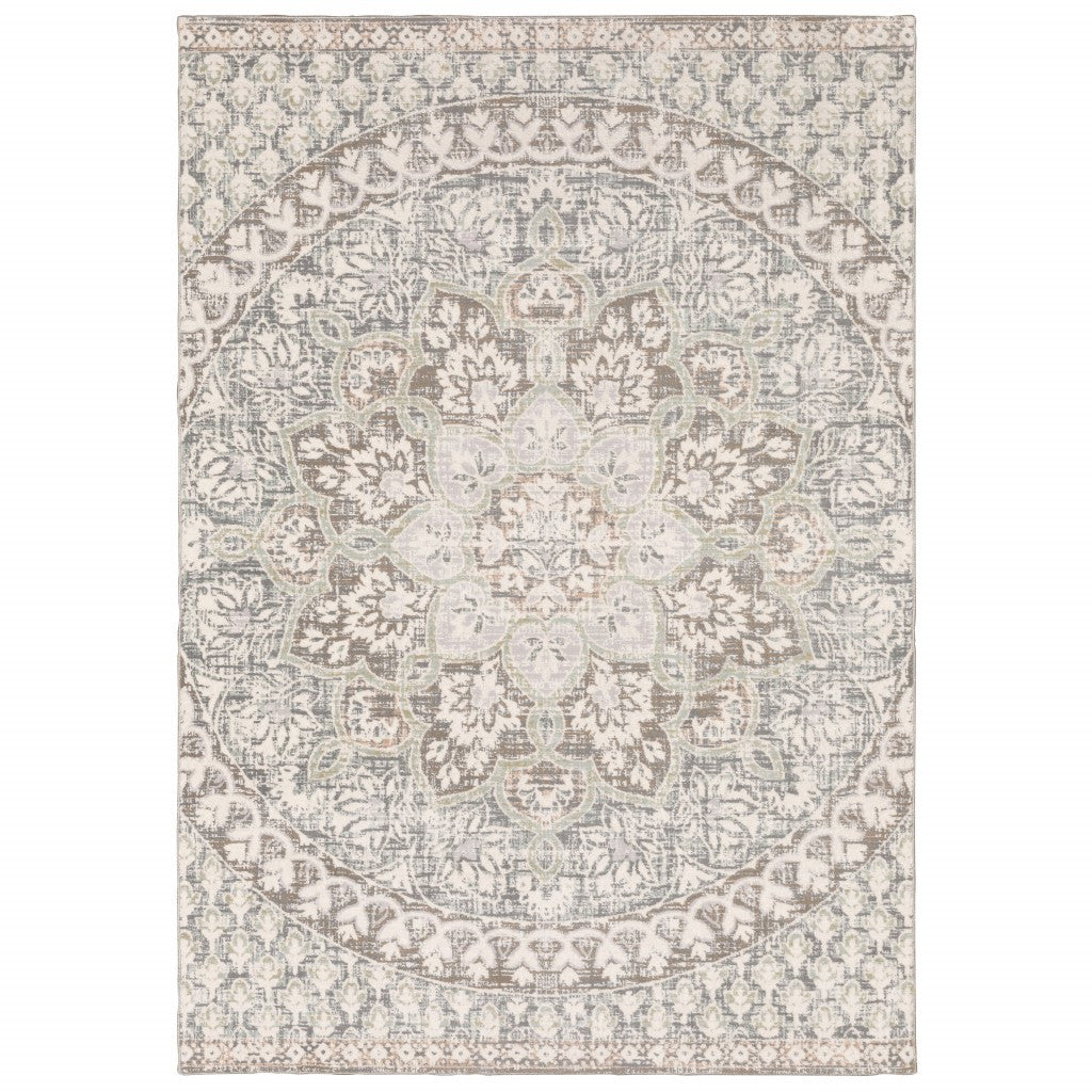 9 x 12 Ivory Grey Distresed Oversize Medallion Indoor Rug