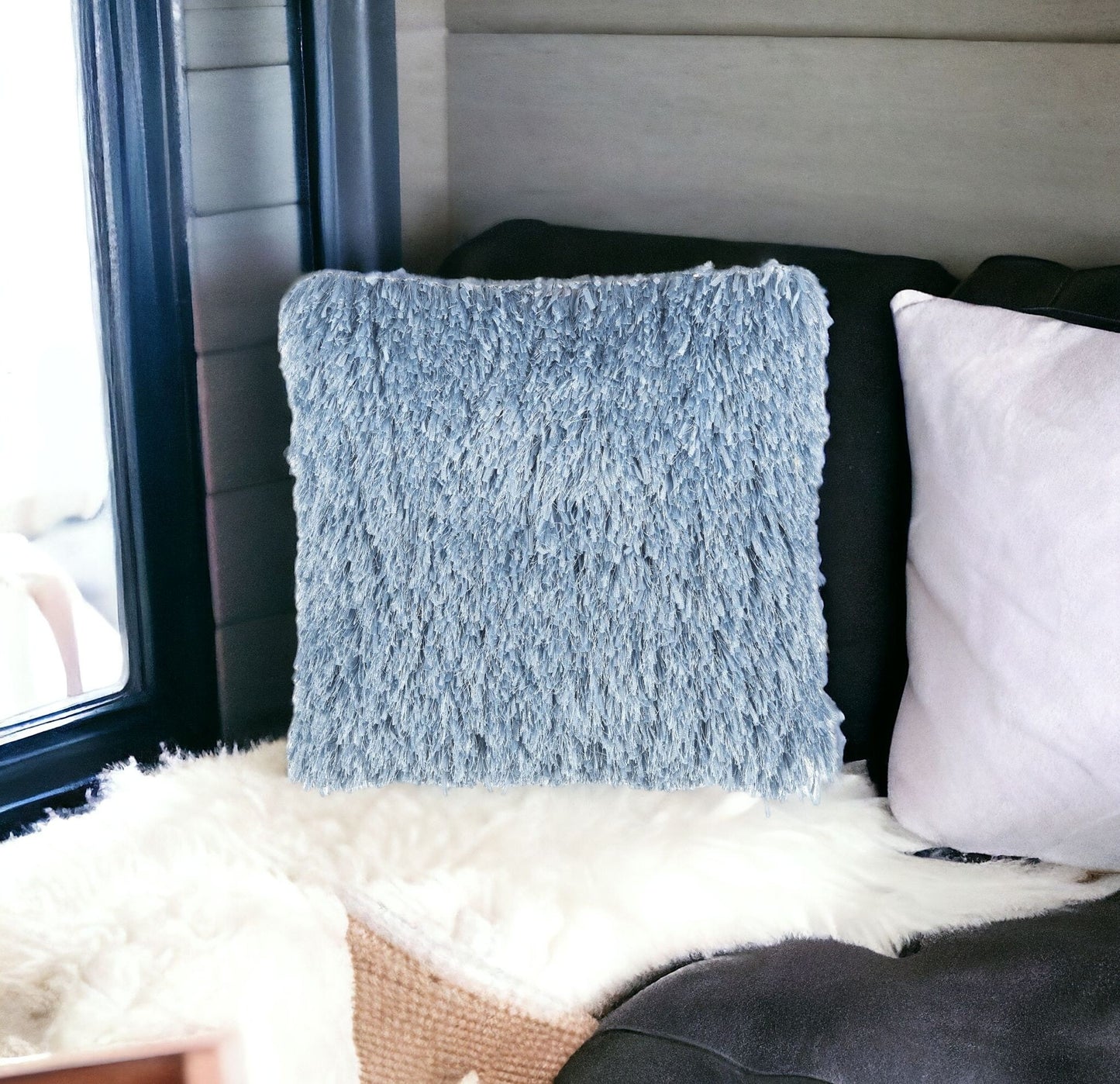 Square Ocean Blue Shag Pillow